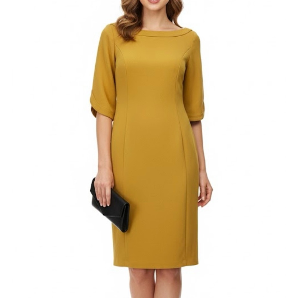 Calvin Klein‎ Mustard Yellow 3/4 Split Sleeve Stretch Crepe Sheath Dress Size 8
